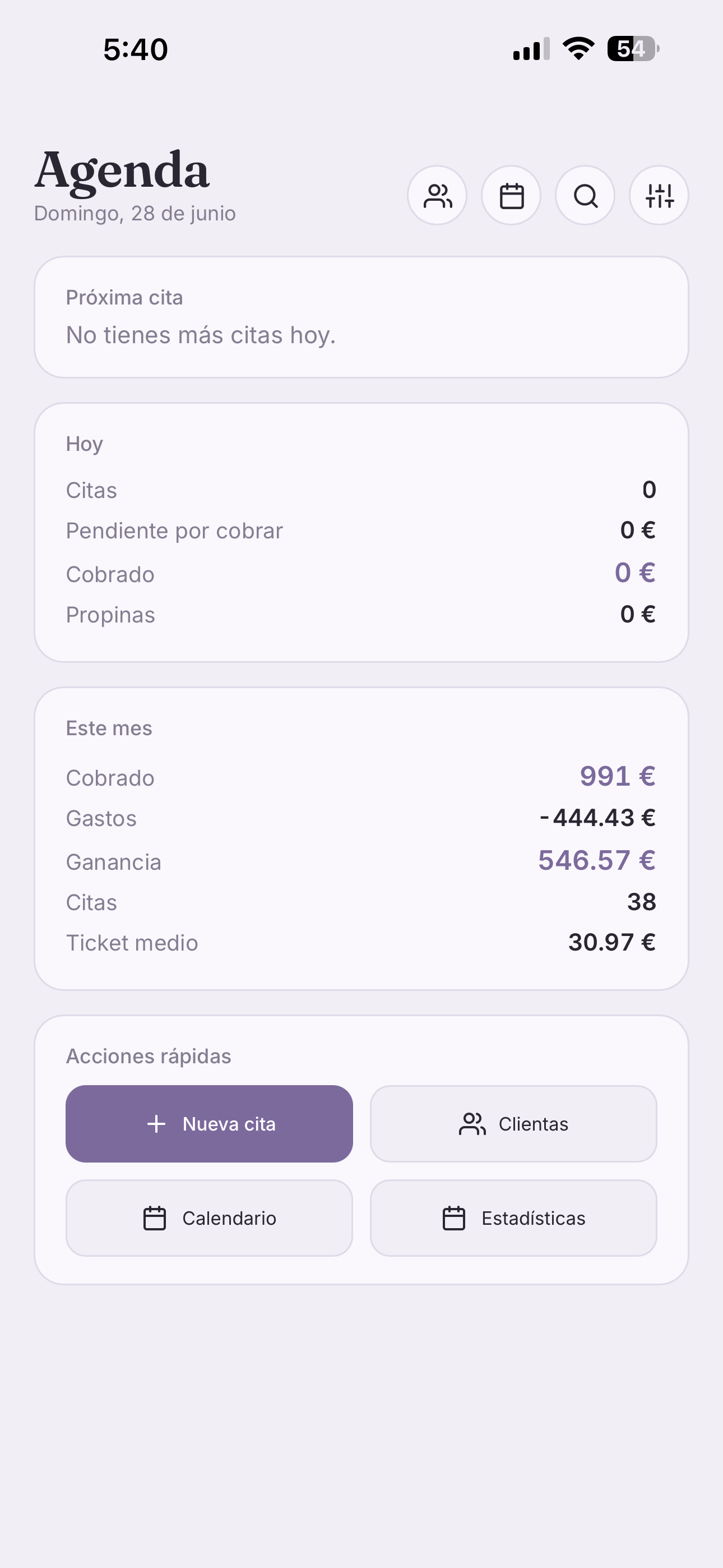 Pantalla de inicio de Agenda